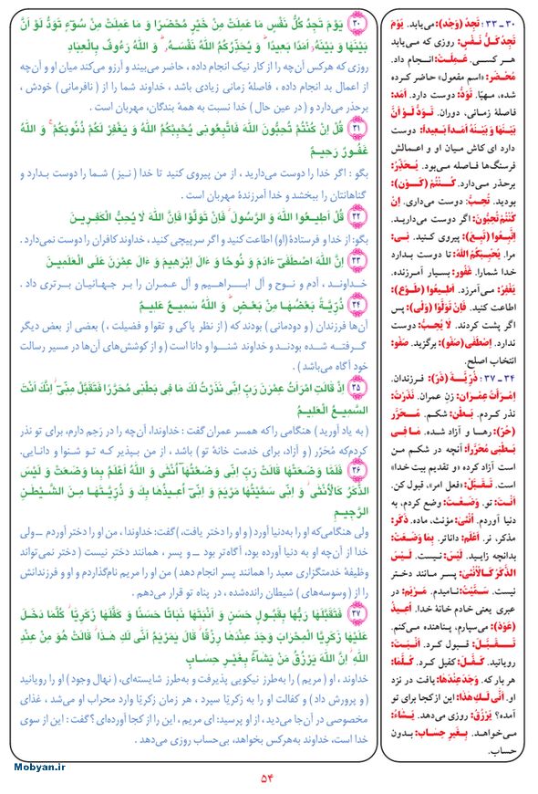 قرآن  بشیر با ترجمه و معنی بعضی از لغات صفحه 54