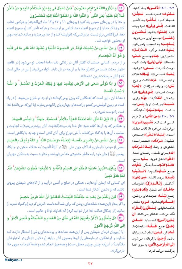 قرآن  بشیر با ترجمه و معنی بعضی از لغات صفحه 32