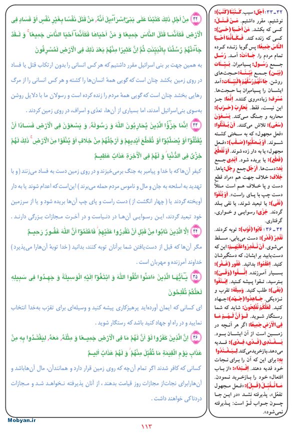 قرآن  بشیر با ترجمه و معنی بعضی از لغات صفحه 113