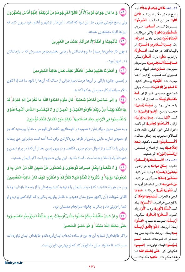 قرآن  بشیر با ترجمه و معنی بعضی از لغات صفحه 161