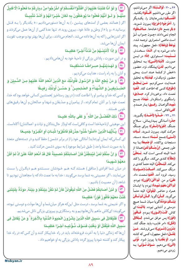 قرآن  بشیر با ترجمه و معنی بعضی از لغات صفحه 89