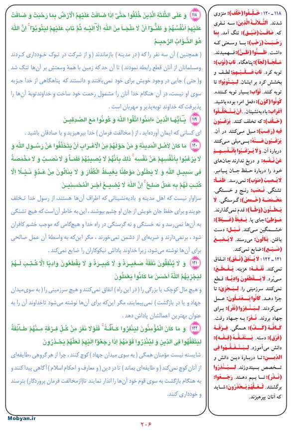 قرآن  بشیر با ترجمه و معنی بعضی از لغات صفحه 206