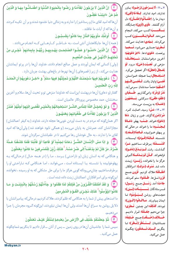 قرآن  بشیر با ترجمه و معنی بعضی از لغات صفحه 209