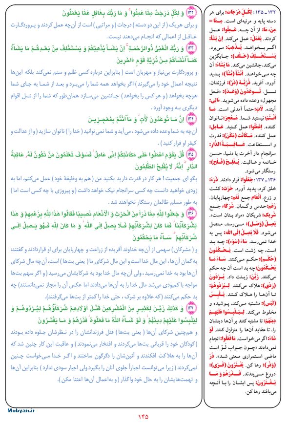 قرآن  بشیر با ترجمه و معنی بعضی از لغات صفحه 145