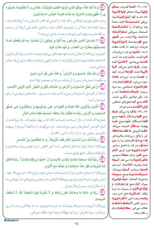 قرآن  بشیر با ترجمه و معنی بعضی از لغات صفحه 75