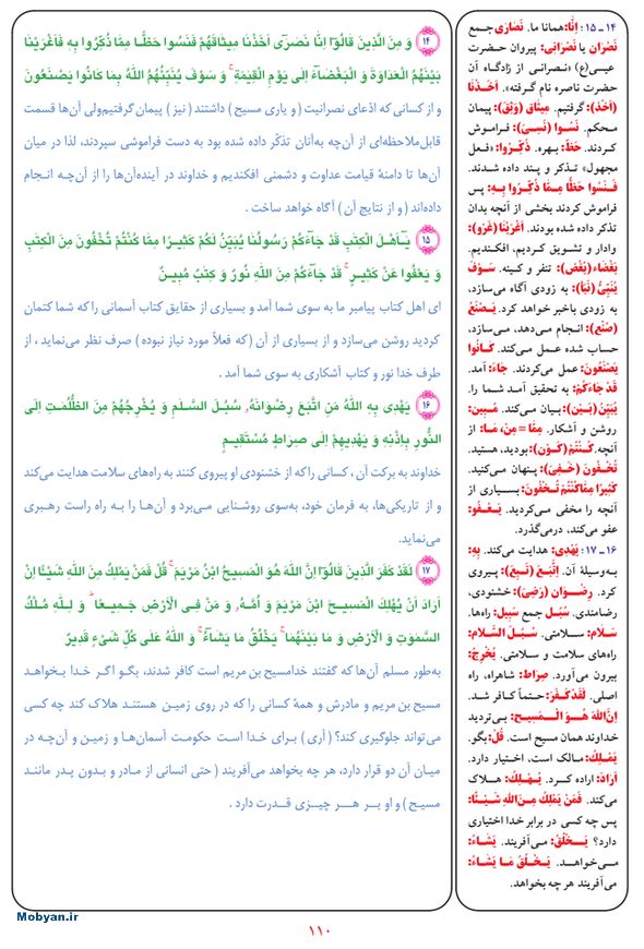 قرآن  بشیر با ترجمه و معنی بعضی از لغات صفحه 110